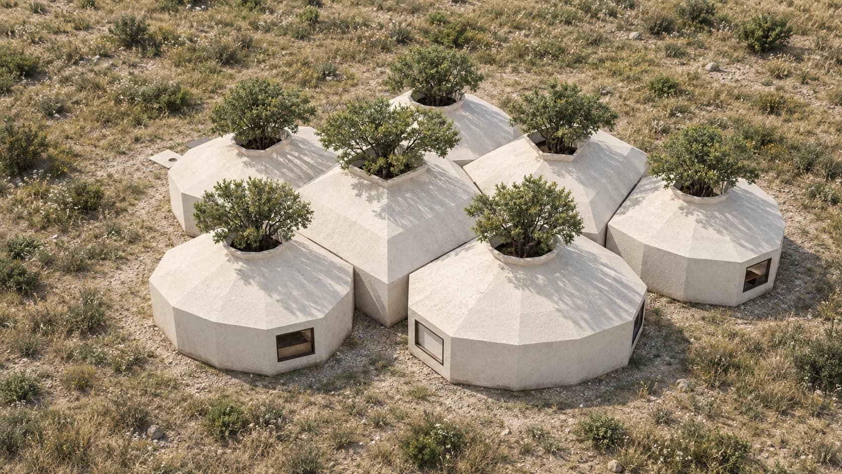 Aerial rendering of seven closely grouped, pale polygonal volumes of different sizes, each with a tree rising through its roof.